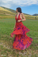 Floral Print Tie-up Back Chiffon Tiered Dress