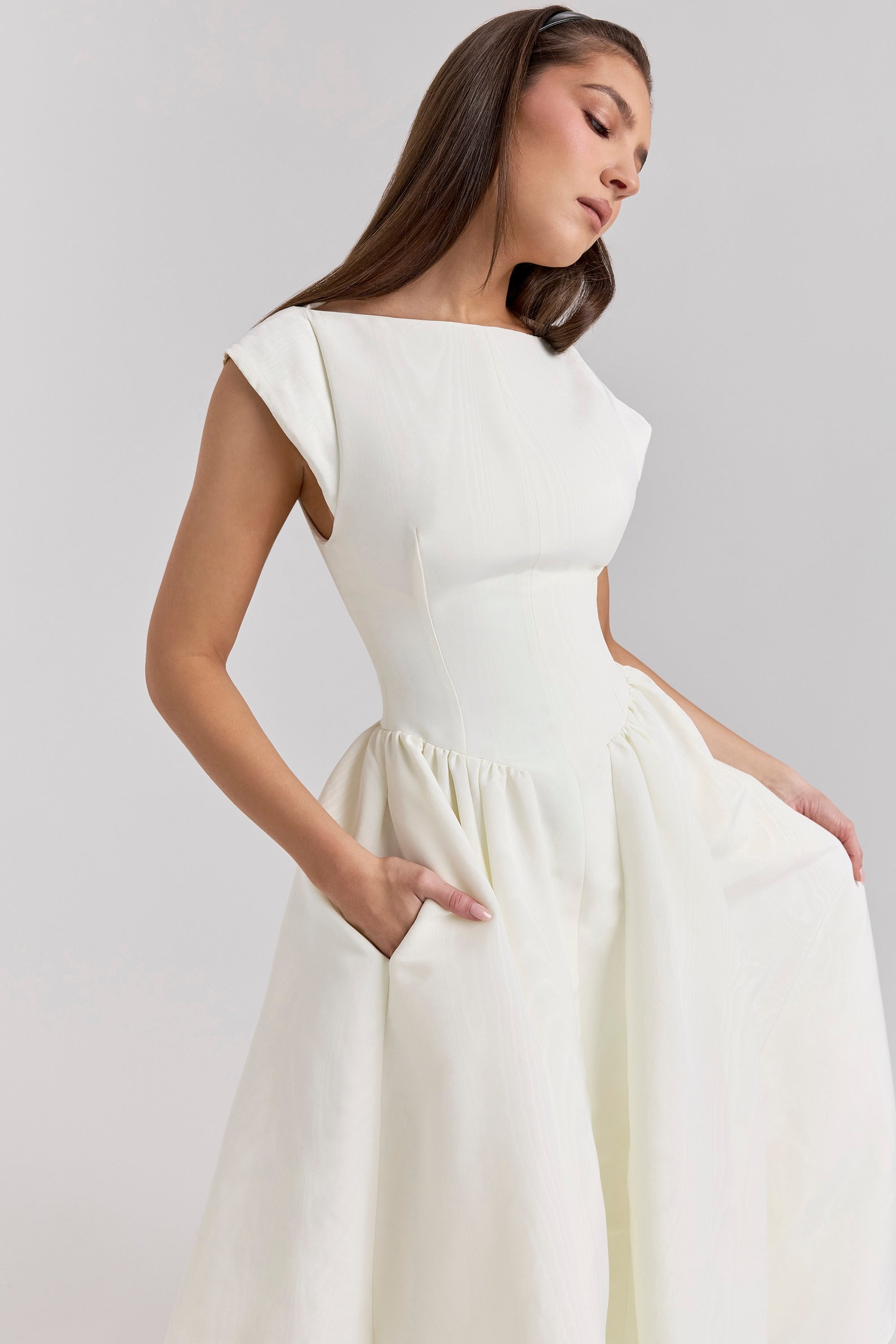 Debutante-Ivory Moire Satin Midi Dress