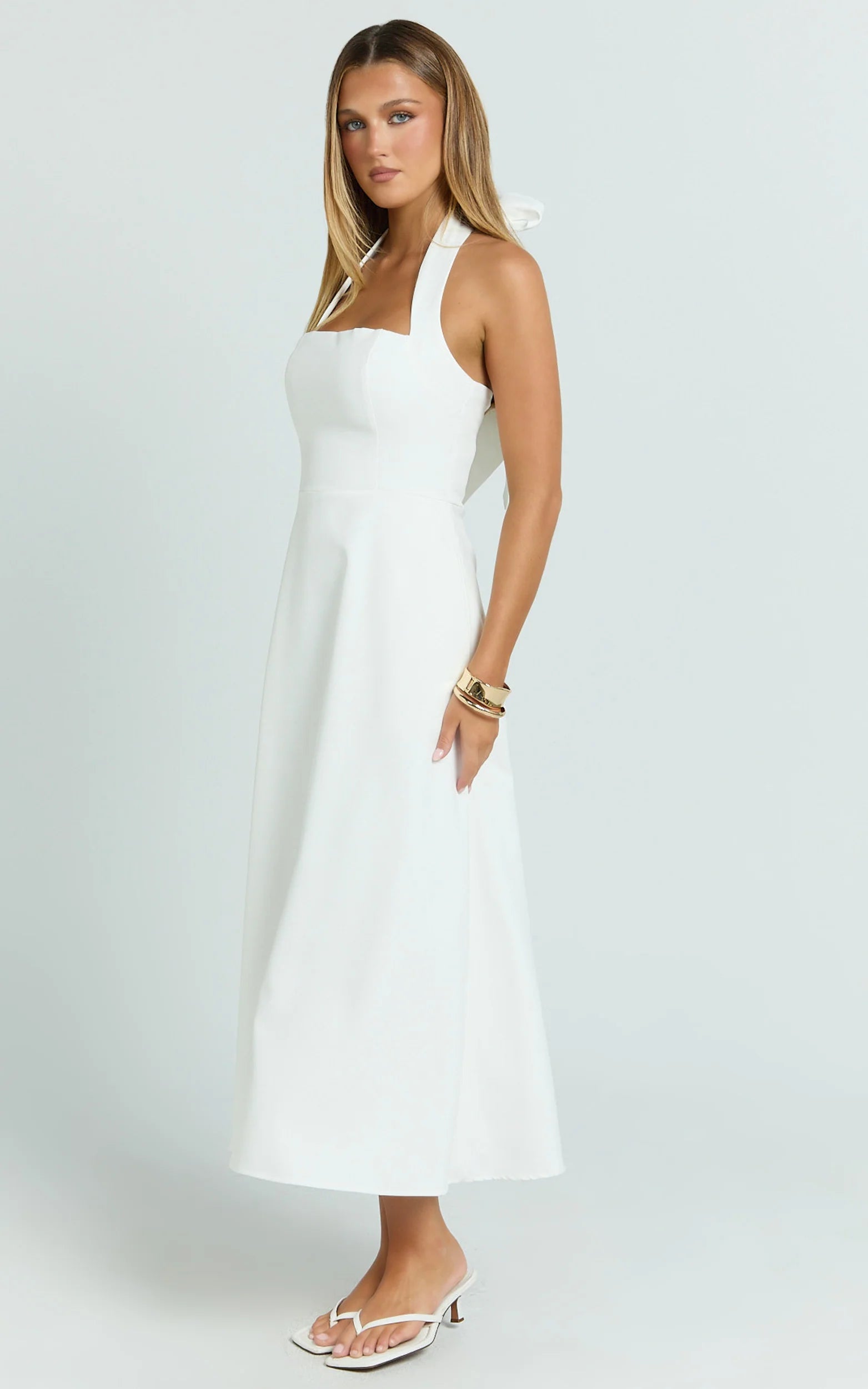 Halter Neck Fit and Flare Midi Dress in White