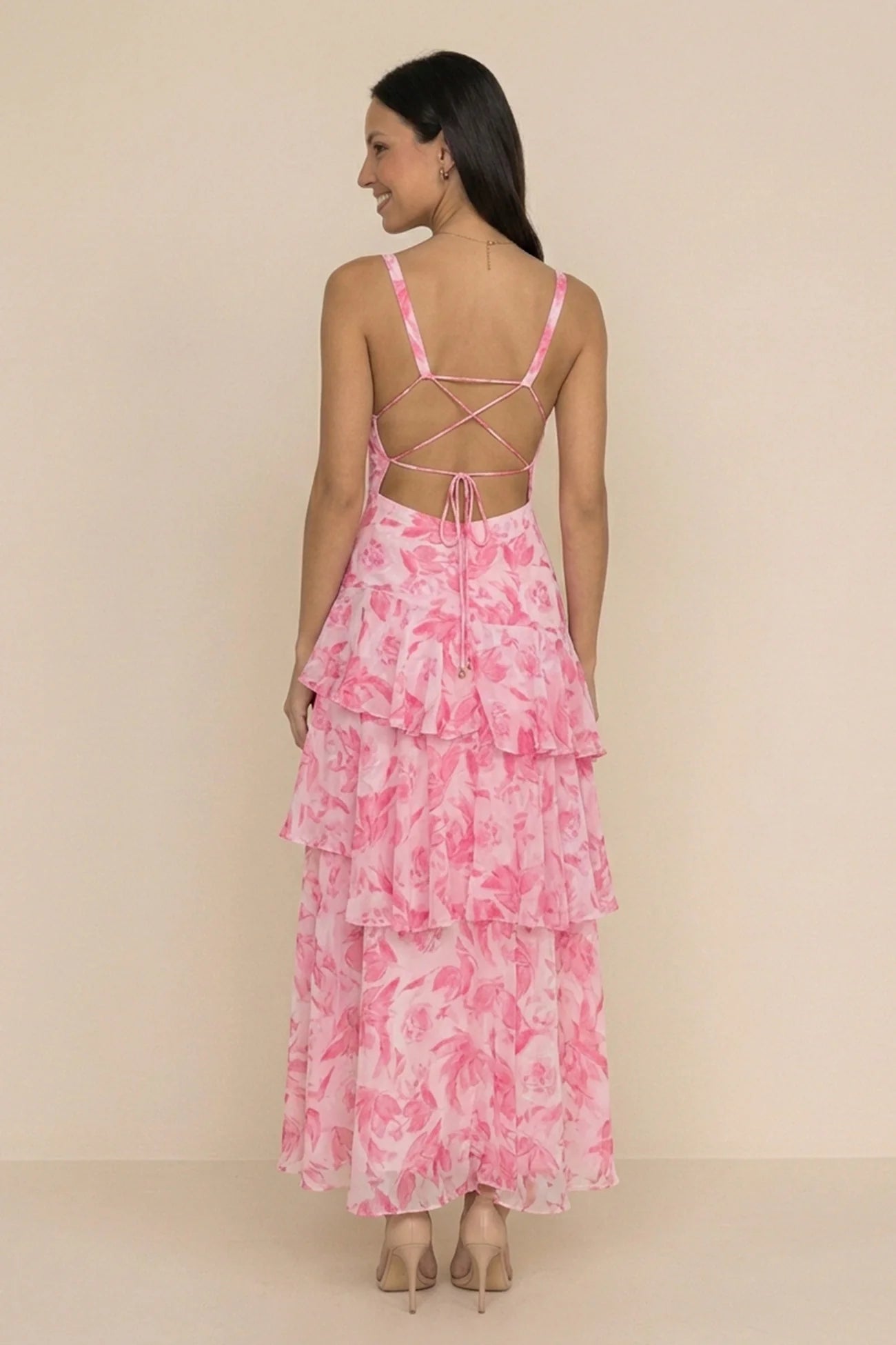 Floral Print Tie-up Back Chiffon Tiered Dress